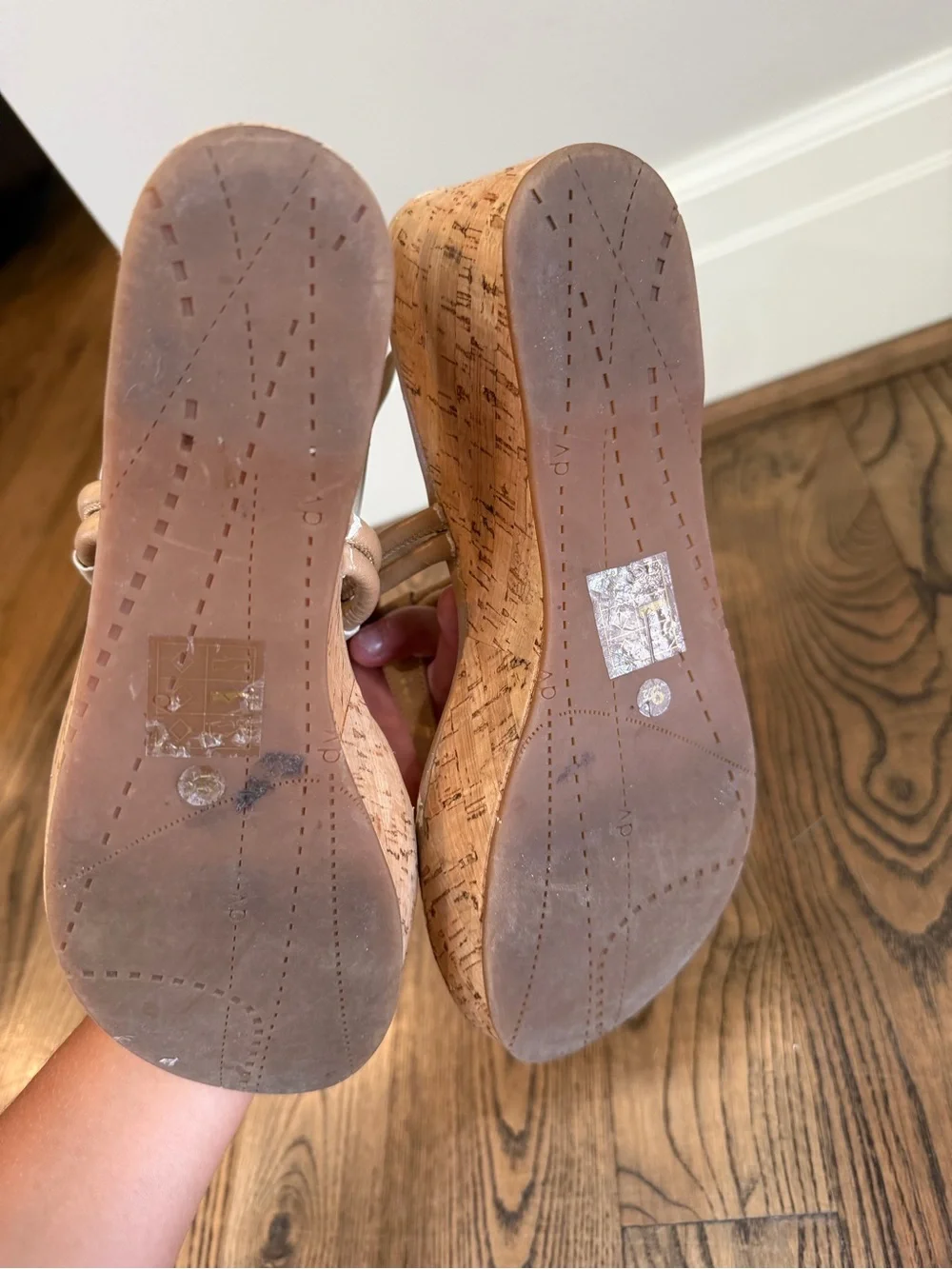 Dolce Vita White and Tan Cork Wedge Sandals with Gold Accents